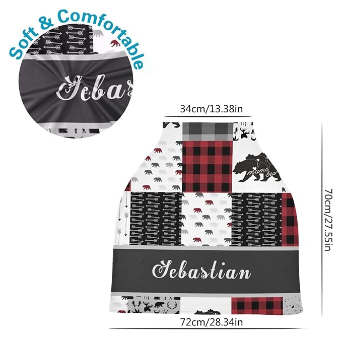 Personalized Baby Boy Car Seat Covers with Name, Custom Woodland Bear Nursing Cover Breastfeeding for Babies, Multiuse Carseat Canopy, Infant Stroller Cover, Breathable Carseats Cover