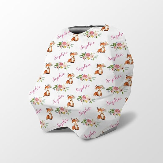Personalized Baby Car Seat Cover Stroller Canopy: Custom Name Newborn Baby Girl Elastic Fox Nursing Cover for Moms First Birthday Gift Pink Flowers(one Size)