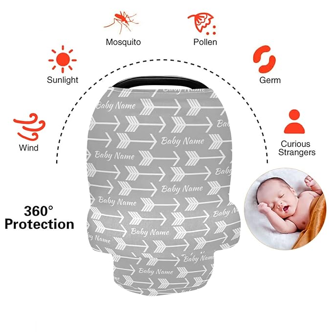 Personalized Arrow Baby Car Seat Covers with Name, Custom Nursing Cover Breastfeeding Scarf Soft Breathable Stretchy Coverage, Infant Stroller Cover for Boys Girls