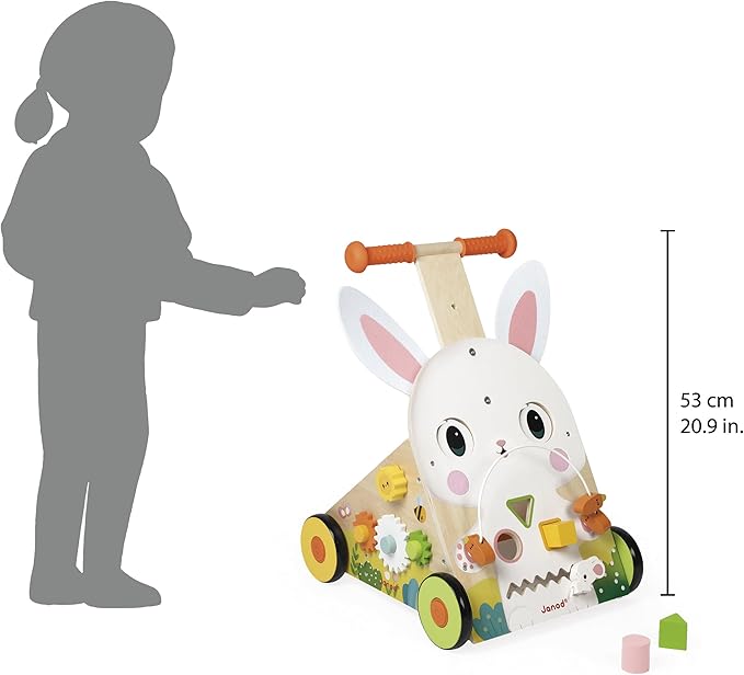 Janod - Farm Multi-Activity Trolley - Wooden Push Cart - 9 Activities - Patented Brake System and Silent Wheels - Developmental Toy for Children - From 12 Months - J03326