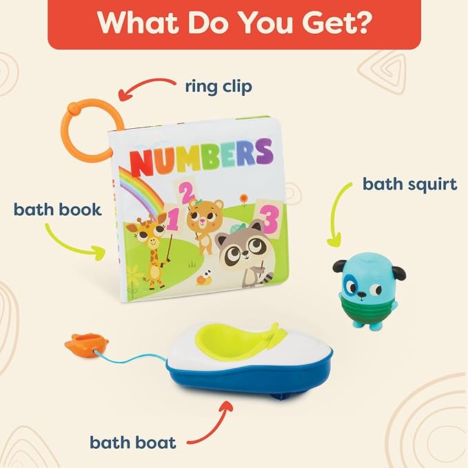 B. toys – Bath Book & Boat – Color Changing Bath Squirter & Pull – String Boat – Colors & Numbers – Convenient Travel Clip – 10+ Months – Tub Time Book + Pull & Go Rider