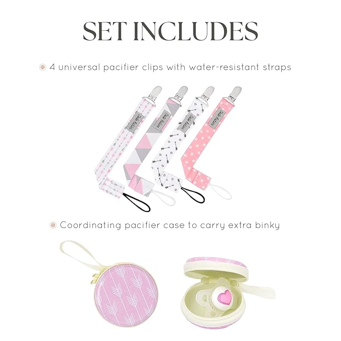 Dodo Babies Pacifier Clip & Case Set - Universal Holder Loop & Pacifier Holder - Secure Binkie Clip for Bibs & Car Seat - Durable Water-Resistant Straps for Baby Essentials - 5-Piece Set, Pink & Gray