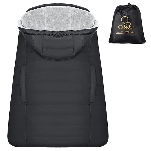 Orzbow Winter Baby Carrier Cover with Detachable Hood, Waterproof & Windproof, Universal for Baby Carriers and Baby Waist Stool, Baby Bunting Bag for Car Seats and Strollers with Storage Bag, Black