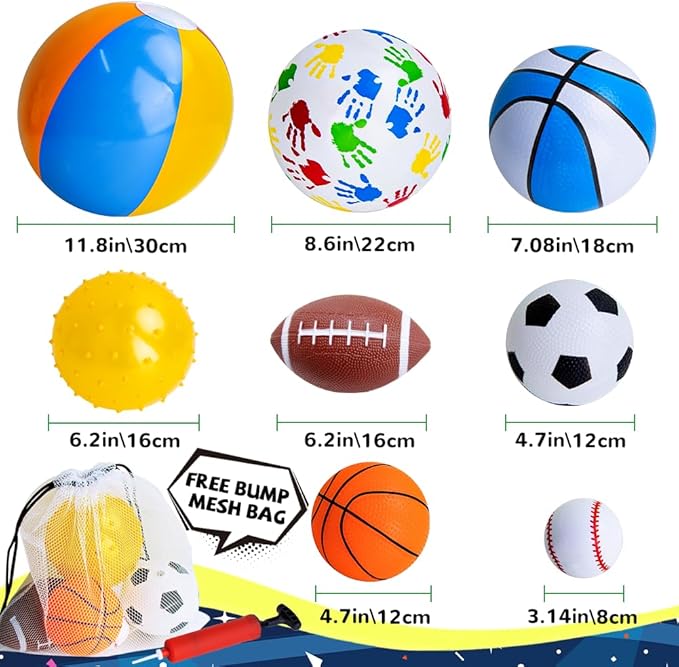 Balls for Toddlers 1-3,Toddler Sports Toys,Set of 7 Kids Ball Soft Foam Baby Sports Balls- Soccer Ball Basketball Baseball Rugby Bounce Ball Playground Indoor Outdoor Toys Gifts,with Free Bump/Bag