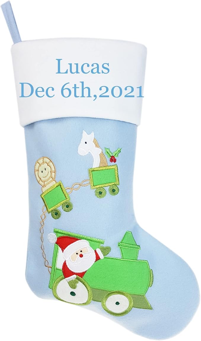 DearSun Personalized Christmas Stocking for Baby Pink & Blue Gift Bags for Newborns (Blue Stocking with Train)