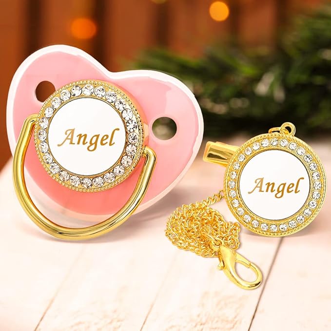 Personalized Pacifier and Pacifier Clip with Name,Bling Pacifier Clip Set with Multiple Patterns Glitter Crystal Luxurious Ideal Gift for Boy Girl Baby Shower Photography Newborns (Pink)