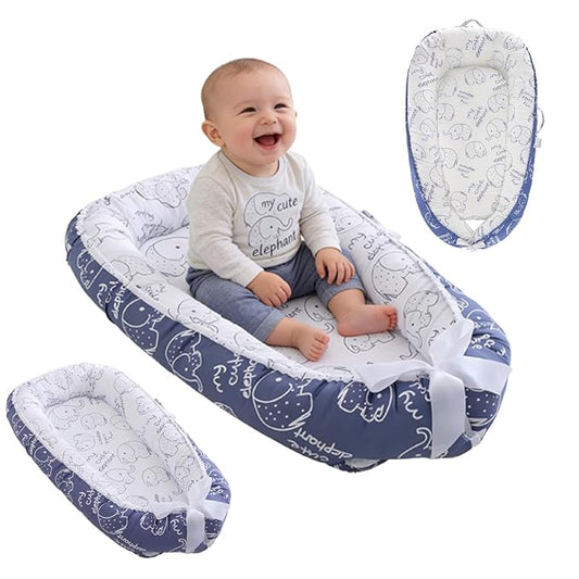 Baby Lounger for Newborn (0-24 Months) - 100% Cotton Baby Nest with Handles, 2-in-1 Play Mat & Diaper Changing Pad, Portable for Home & Travel, Infant Essentials Gifts (Elephant Blue)