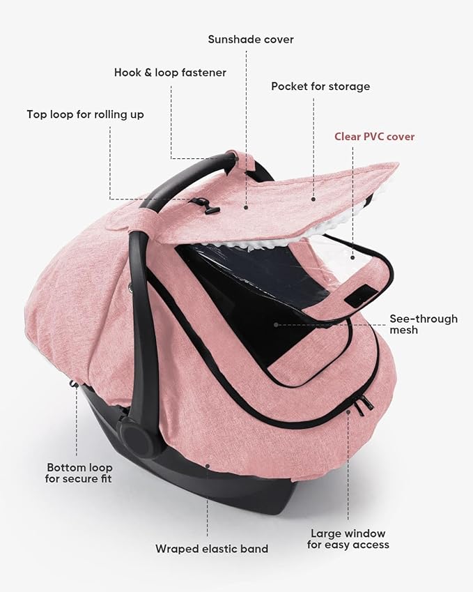 TinlyFinly Waterproof Car Seat Cover for Baby, 2-Layer Car Seat Rain Cover with Clear Window & Sunshade & Mesh Cover, Universal Infant Carseat Canopy for Stroller, Protect from Rain and Snow - Pink