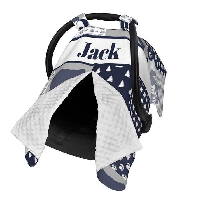 Personalized Baby Car Seat Canopy with Name, Custom Woodland Bear Baby Car Seats Covers for Baby Boy, Opening Minky Nursing Breastfeeding Cover for Infant, Carseat Canopies for Newborn