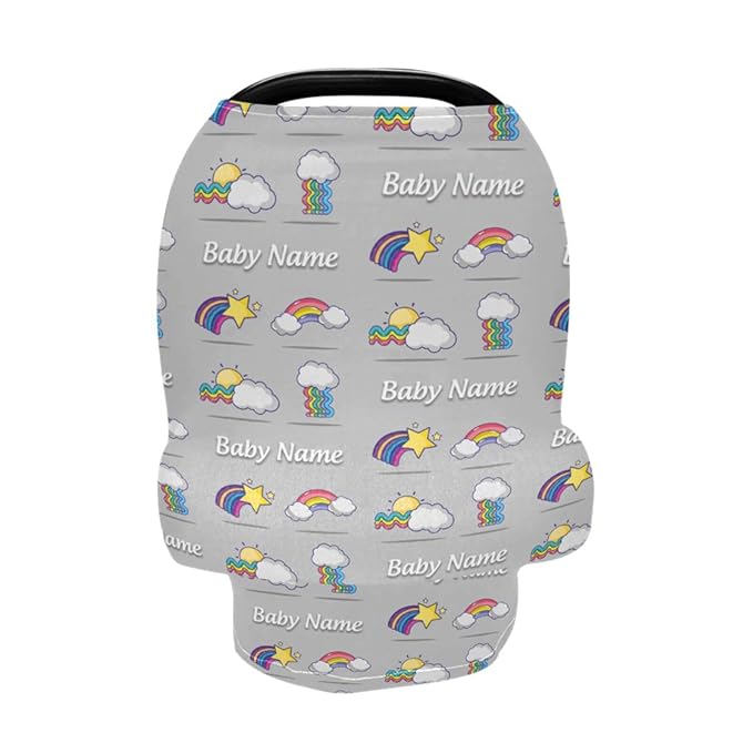 Personalized Baby Car Seat Cover for Babies, Custom Name Baby Car Seats Canopy for Boys Girls, Cute Rainbow Nursing Breastfeeding Stroller Covers for Infant Newborn, Shower Gift for Baby