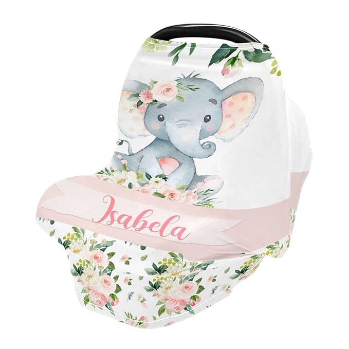 Personalized Baby Car Seat Cover for Girls, Custom Nursing Covers for Breastfeeding with Name, Infant Stroller Cover, Baby Carseat Canopy for Newborn, Multiuse Car Seat Canopies, Floral Elephant