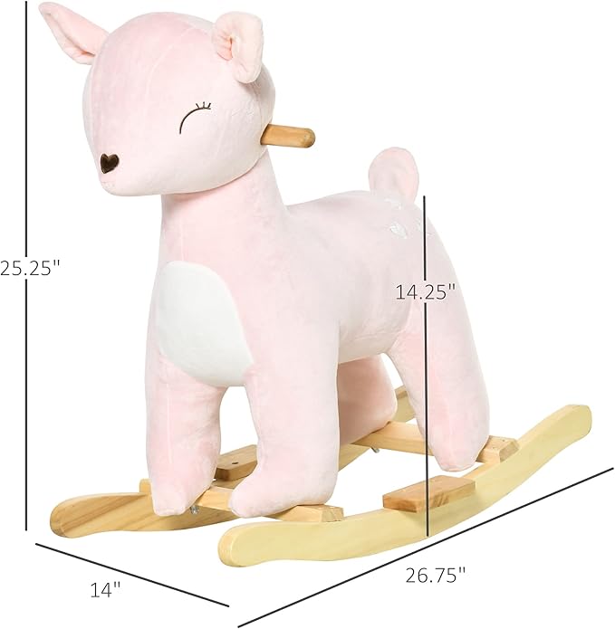 Qaba Kids Plush Ride-On Rocking Horse Deer-Shaped Plush Toy Rocker with Realistic Sounds for Child 36-72 Months Pink