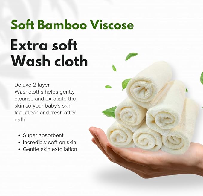 Baby Washcloths 6-Pack, Ultra Soft Viscose, 7.87 x 7.87 inches, 2-Layer Deluxe, Super Absorbent, Machine Washable, Newborn Bath Towels, Infant Shower, Gentle on Skin, Face Wash Cloths for Babies