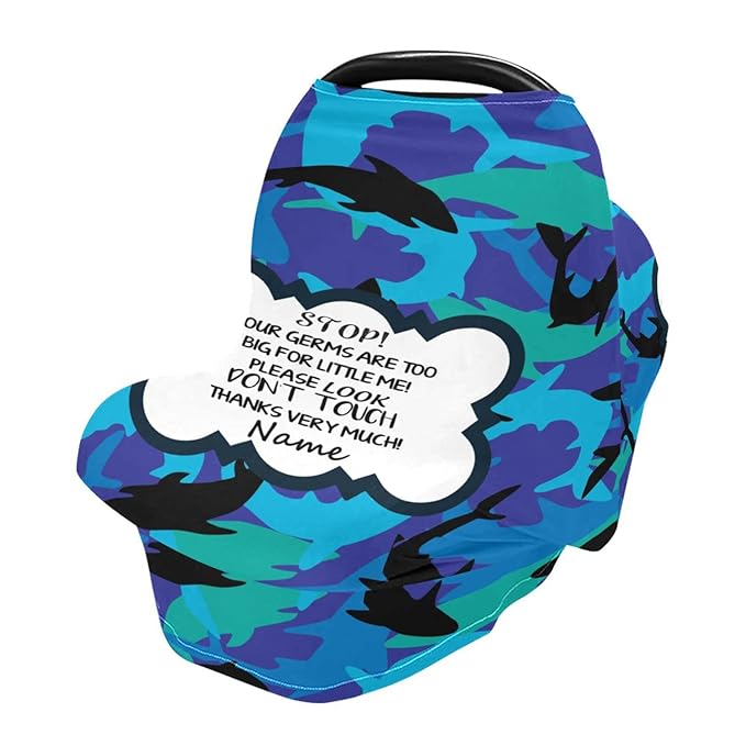 No Touch Sign Baby Car Seat Cover Personalized, Customized Shark Stroller Canopy with Name, Multiuse Nursing Covers Breastfeeding Scarf, Shower Gift for Newborn Boys Babies