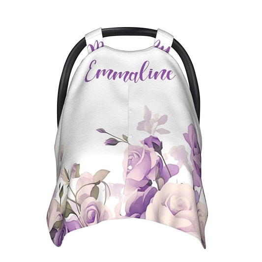 Custom Baby Name Nursing Cover Purple Floral – Personalized Car Seat Canopy, Stroller Cover, Baby Minky Blanket, Privacy Breastfeeding Cover, Soft Breathable Infant Shower Gift
