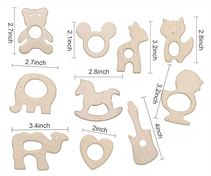 Baby Teething Toys Penta Angel 10Pcs Natural Wooden Teething Animal Rings for Newborn Toddler Infant (10)