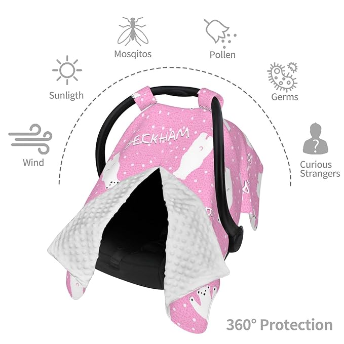 Personalized Baby Car Seat Canopy for Babies with Name, Custom Polar Bear Pink Stroller Car Seat Covers for Girls, Minky Nursing Carseat Cover for Breastfeeding, Car Seat Canopies for Newborn
