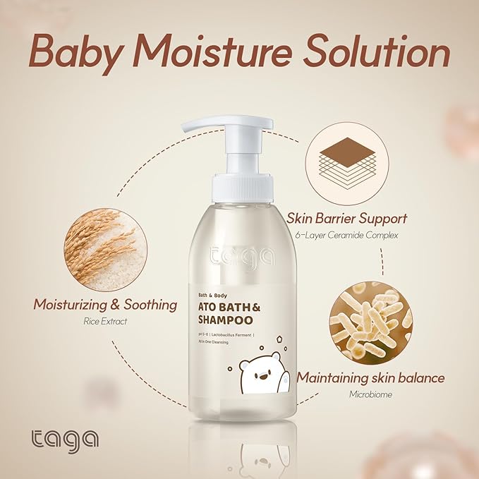 TAGA ATO Baby Bath & Shampoo 300 ml – Mild Tear-Free Cleanser for Newborn & Sensitive Baby Skin - Ceramide & Vitamin Rich Foam-Free Formula for Sensitive Dry Skin -Vegan Hypoallergenic