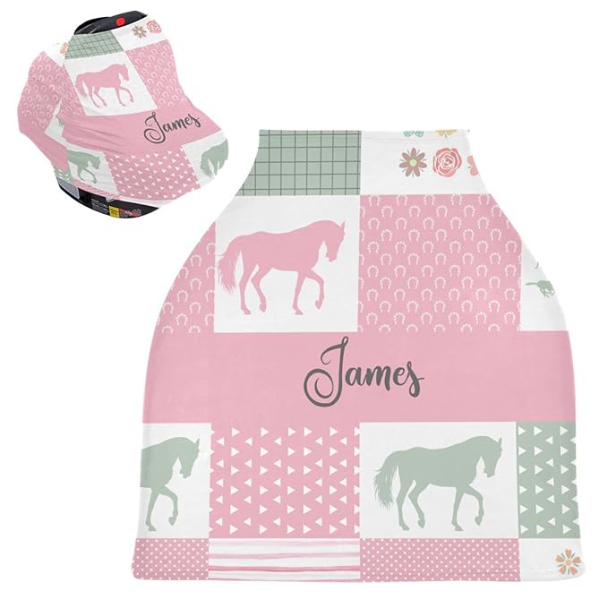 Personalized Horse Car Seat Covers for Girls, Customized Baby Carseat Cover with Name, Multiuse Nursing Cover Breastfeeding Scarf, Stroller Canopy for Newborn Infant