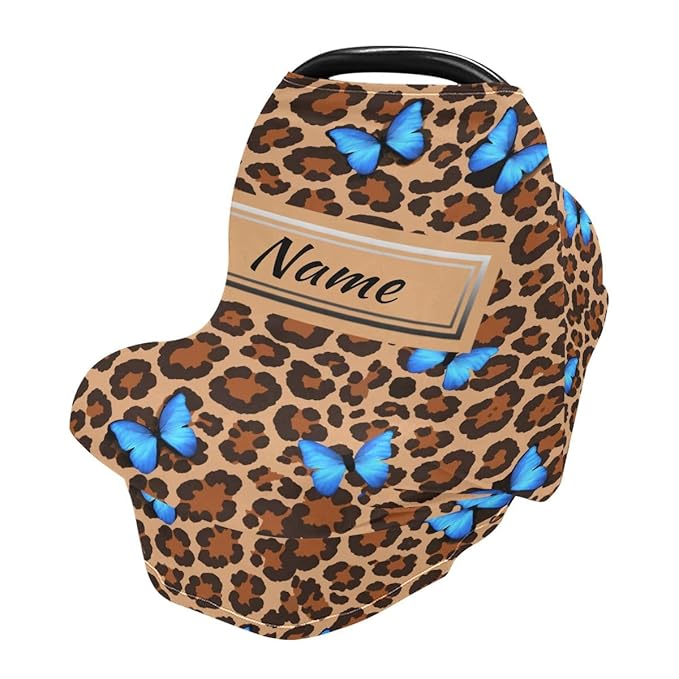 Custom Blue Butterfly Leopard Cheetah Baby Car Seat Cover Personalized Your Name Nursing Covers Breastfeeding Scarf Infant Carseat Canopy for Mom Baby Gift