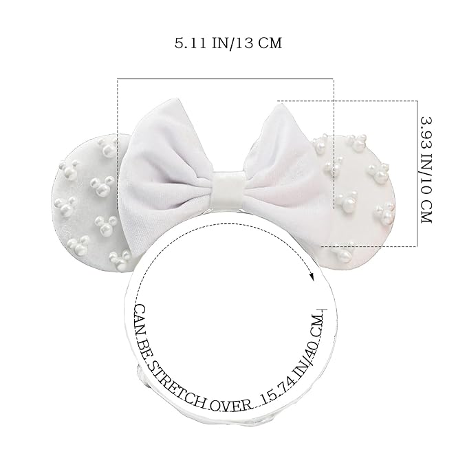 JIAHANG White Velvet Adjustable Mouse Ear Hair Bow Headband with Beadings, Fashion Bow Hairband Stand for Baby Girls Infant Toddlers
