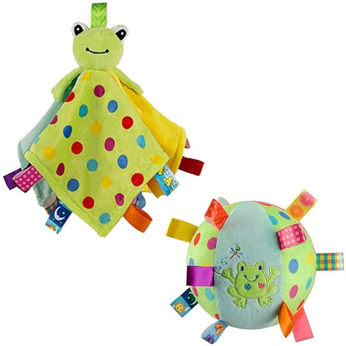 Inchant Baby Frog Security Blanket & Rattle Ball with Colorful Tags - Kids Infant Early Educatinal Plush Tag Toys, Green