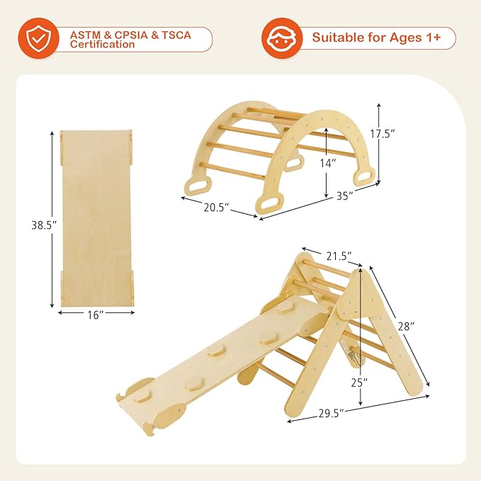HONEY JOY 5 in 1 Wooden Climbing Toys for Toddlers, Triangle Climber with Ramp for Sliding or Climbing, Indoor Beech Montessori Triangle Climbing Arch Set for Daycare, Gym & Playground, Natural