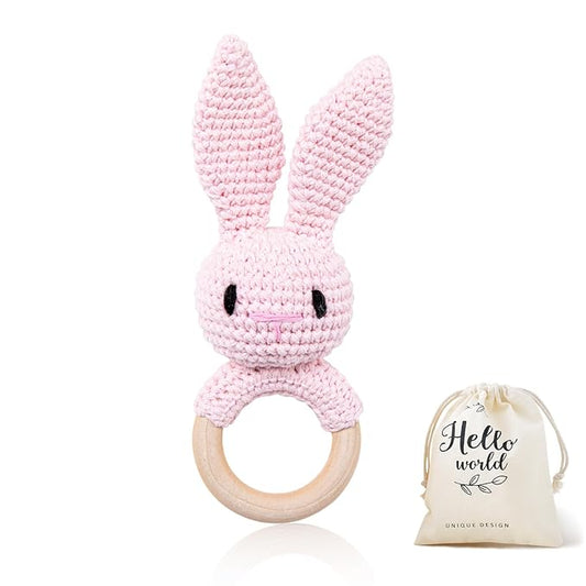 WOODEN TEETHER Crochet Baby Rattle, Crochet Baby Toys, Easter Bunny Rattle, Newborn Animal Rattle Toys，Knitted Stuffed Animals Gifts for Baby, Pink Bunny