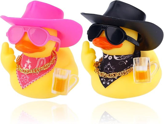 2pcs Funny Rubber Ducks for Dashboard, Cute Car Rubber Cool Duck Ornament with Mini Glasses Hat Scarf Accessories Decor for Home Office Refrigerator Decoration (Pink, Black)