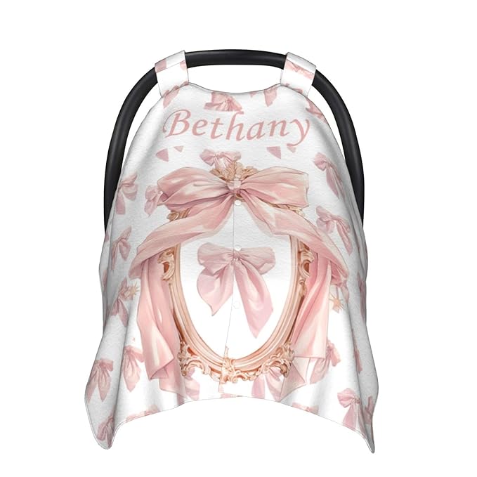 Custom Name Baby Car Seat Cover Pink Bow – Personalized Nursing Cover, Stroller Canopy, Breastfeeding Privacy Cover, Multi-Use Infant Blanket, Shower Gift for Baby Girls