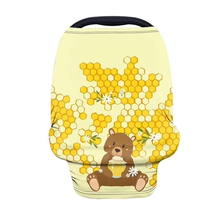 Forchrinse Bee Bear Print Infant Carseat Canopy Baby Girls Boys Nursing Cover Breastfeeding Scarf Breathable Stretchy Baby Car Seat Cover for High Chair/Stroller