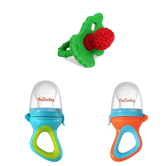 RaZbaby RaZberry Teether Red + Feeder 2-Pack Bundle - Soothe Sore Gums and Provide Teething Relief with Easy-to-Hold, BPA Free Teether Toy Bundle