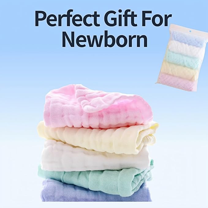 5 Pcs Baby Muslin Washcloth, Soft Newborn Face Towel, Cotton Extra Absorbent Burp Cloths for Baby,Breathable Wash Cloths for Newborn-Infants On Sensitive Skin