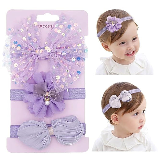 3pcs Baby Girl Bows Headband Chiffon Flower Hairband for Newborn Infant Toddler Soft Elastic Hair Bow Accessories for Baby Birthday Party (Purple, Standard size)