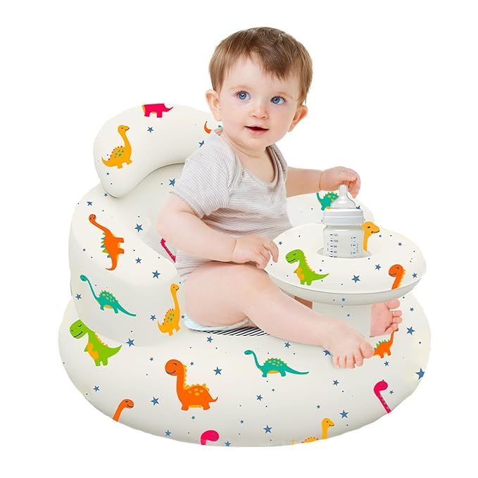 Inflatable Baby Seat with Tray and Built-in Air Pump, 3-36 Months Baby Floor Seat for Sitting Up, Portable Blow Up Baby Chair for Feeding, Travel, Beach (Dinosaur)