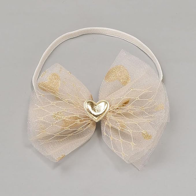 Bethynas baby girls Lace Bowknot Headband Gauze Bow Elastic Toddlers Hairband Birthday Party Princess Crown Heart Hair Accessories for Newborn Infant Baby (Gold)