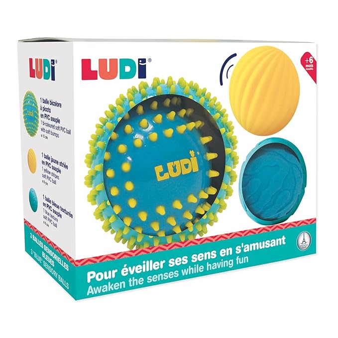 Ludi - 3 Textured Soft Sensory Balls - Activity Toy for Babies from 6 Months - Develops Touch, Fine Motor Skills & Wellness - Diameter: 8 & 15 cm - Blue & Yellow