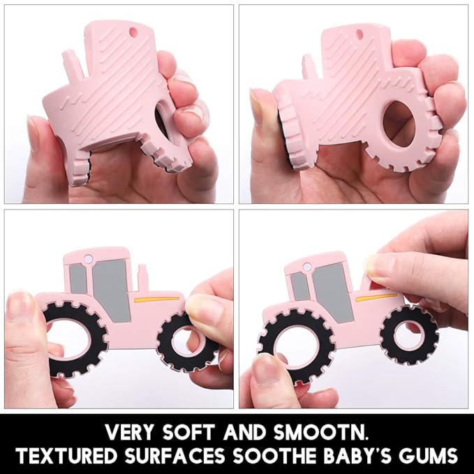 Baby Food Grade Silicone Tractor Car Teether Toy with Pacifier clip Holder,Teething Pain Relief Toys Gift Set for 3 Months+ Boys and Girls,Freezer Safe,BPA Free (Pink)