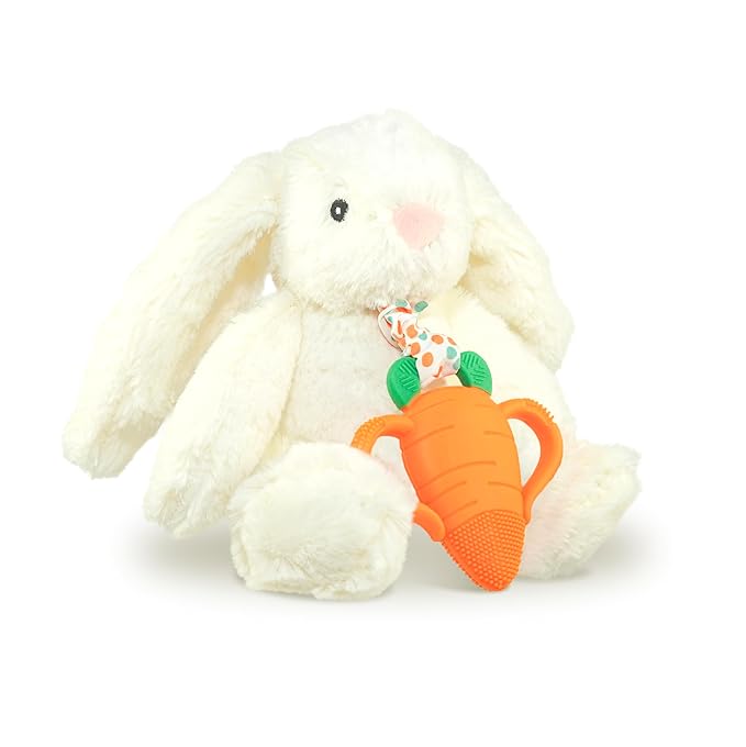 RaZbaby Bunny Snuggly w/Carrot Teething Relief Toy – Soothes Sore Gums w/Nature-Inspired Texture, 100% BPA-Free Silicone Teether, Soft Minky Stuffed Animal – All Ages