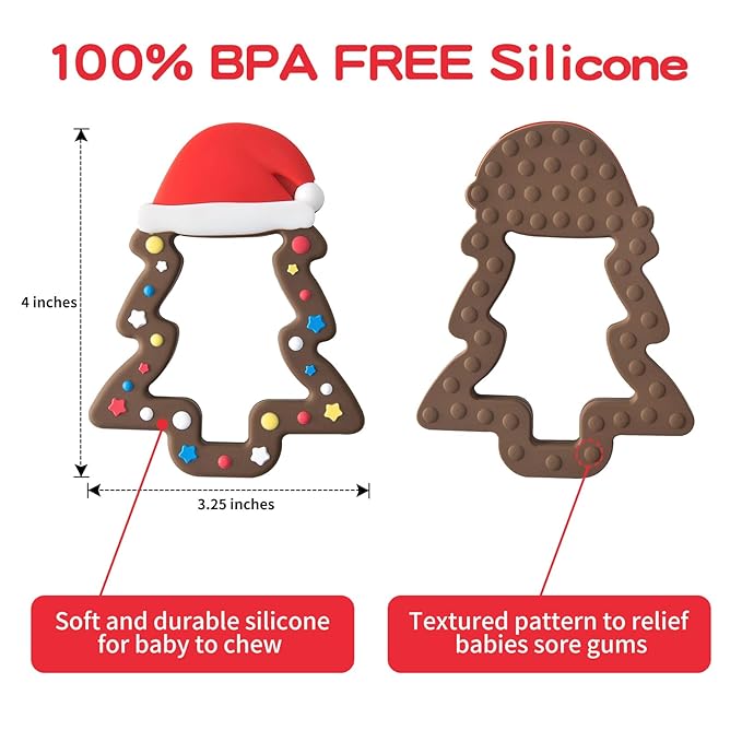 Jimibaby Silicone Teether - First Christmas Teething Toy for Baby Boys & Girls, Ideal Stocking Stuffer, Comes with Gift Package (Christmas Hat & Chocolate)