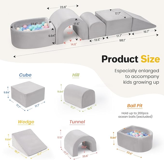 Rinnebbit Foam Climbing Blocks for Toddlers, 5-Piece Tunnel Climber and Crawl Playset, Indoor Activity Play with Ball Pit, Machine Washable Velvet Cover, Soft Climbing Toy for Kids 1-3 (Gray)