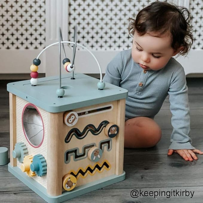 Bigjigs Toys Wooden Activity Cube - 100% FSC® Certified Busy Centre with Shape Sorter & Bead Maze, Sustainable Sensory Toys for 1 Year Old, 22cm W x 23cm H