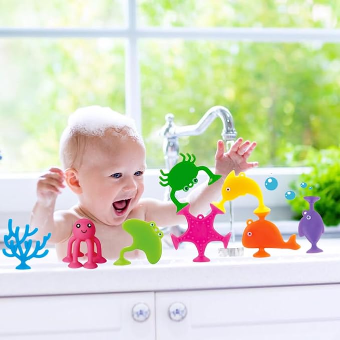 Suction Bath Toys for Kids, 9 PCS Silicone Ocean Animal Suction Cup Toys, Mold Free No Hole Bathtub Toy, Sensory Window Building Toy Gifts for Toddler Children Kids Over 3 Years