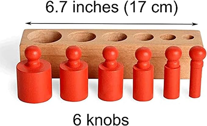 BOHS Montessori Knobbed Cylinders Blocks - 6 Pegs / 6.7 Inches - Colorful Wooden Early Home School Toys - 4pcs Set