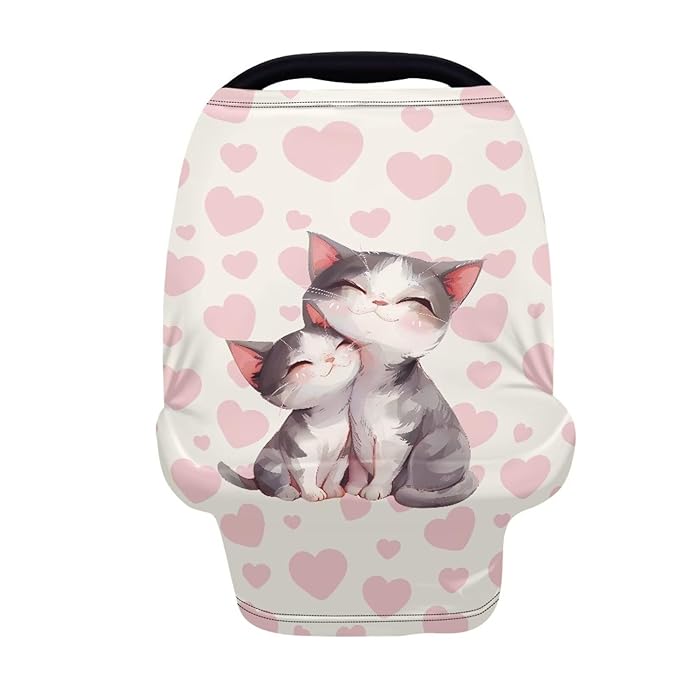 Biyejit Pink Heart Cats Car Seat Cover for Babies, Mom Nursing Covers Breastfeeding Scarf, Multi Use Infant Carseat Canopy for Newborn Carrier/Stroller/Shopping Cart, Baby Shower Gifts for Boy Girl