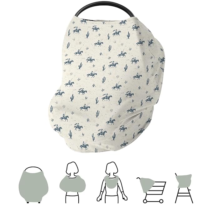 Vintage Western Cowboy Car Seat Covers for Babies Retro Cowboy Horse Cactus Stretchy 5-in-1 Cover Adjustable Car Canopy Cover Wild Desert Country Breathable Nursing Cover-Up