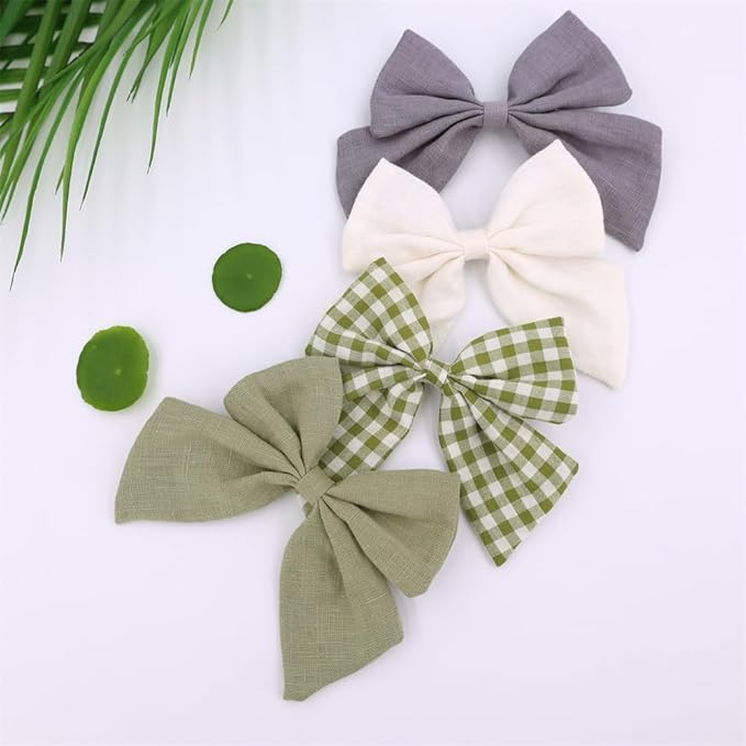 4 PCS Sailor Bow Hair Clips for Kids Girls Women Linen cotton Hair Bow Alligator Clips Baby Toddler Girl Mom Hair Accessories (Green Spring)