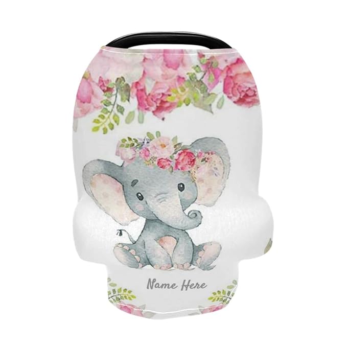 Personalized Baby Name Car Seat Covers for Babies, Custom Elephant Floral Carrier Cover for Newborn Boys Girls, Infant Carseat Canopy Nursing Breastfeeding Cover