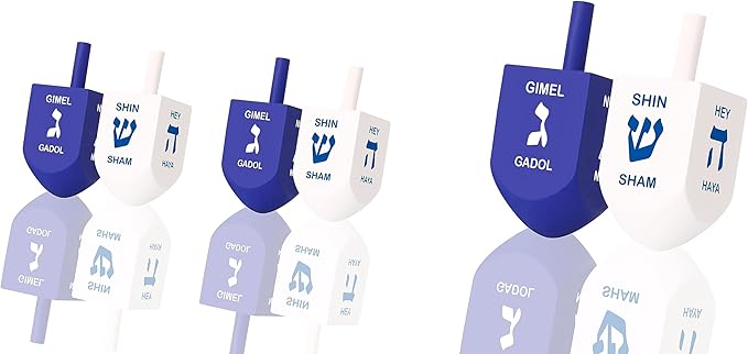 Zion Judaica Hanukkah Dreidels Blue & White Natural Wood with English Translation & Transliteration (10 Pack)