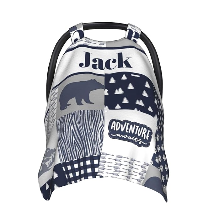 Personalized Baby Car Seat Canopy with Name, Custom Woodland Bear Baby Car Seats Covers for Baby Boy, Opening Minky Nursing Breastfeeding Cover for Infant, Carseat Canopies for Newborn